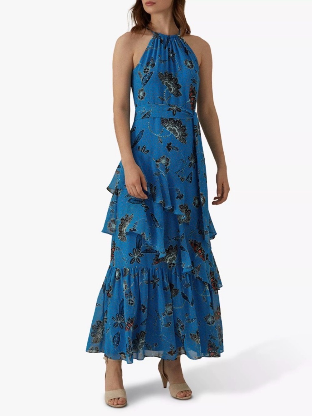 Karen Millen Blue Floral Halterneck Tiered Ruffle Maxi Dress Size 8